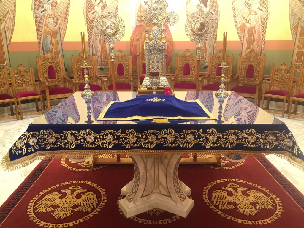 St George, Southgate MI blue velvet embroidered altar cloth