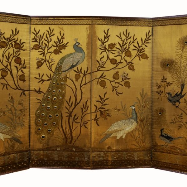 Vain Jackdaw four-panel screen, designed by Walter Crane (1875) and stitched by the Royal School of Art Needlework for the Philadelphia Centennial Exhibition (1876). Private Collection